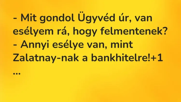 Vicc: – Mit gondol Ügyvéd úr, van esélyem rá, hogy felmentenek?
– Annyi… Vicc: – Mit gondol Ügyvéd úr, van esélyem rá, hogy felmentenek?
– Annyi…