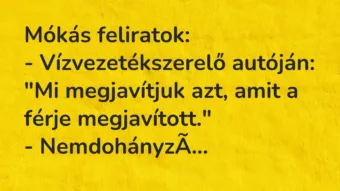 Vicc: Mókás feliratok:

– Vízvezetékszerelő autóján: „Mi megjavítjuk azt…