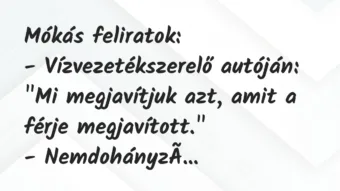 Vicc: Mókás feliratok:

– Vízvezetékszerelő autóján: „Mi megjavítjuk azt…