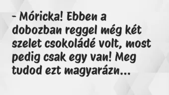 Vicc: – Móricka! Ebben a dobozban reggel még két szelet csokoládé volt, most…