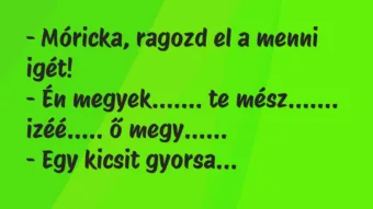 Vicc: – Móricka, ragozd el a menni igét!

– Én megyek……. te…