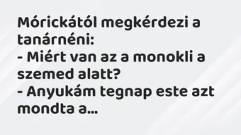 Vicc: Mórickától megkérdezi a tanárnéni:
– Miért van az a monokli a… Vicc: Mórickától megkérdezi a tanárnéni:
– Miért van az a monokli a…