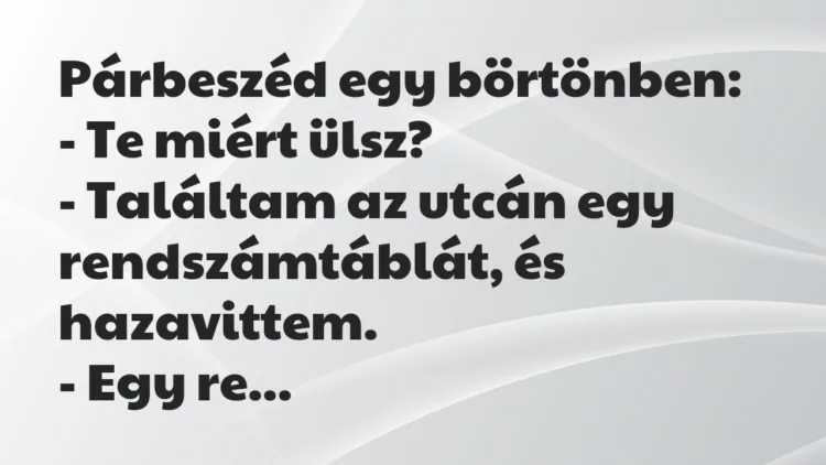 Vicc: Párbeszéd egy börtönben:
– Te miért ülsz?
– Találtam az… Vicc: Párbeszéd egy börtönben:
– Te miért ülsz?
– Találtam az…