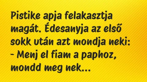 Vicc: Pistike apja felakasztja magát. Édesanyja az első sokk után azt mondja…