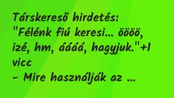 Vicc: Társkereső hirdetés:

„Félénk fiú keresi… öööö, izé, hm, áááá,…