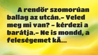 Viccek:
A rendőr szomorúan ballag az utcán.- Veled… Viccek:
A rendőr szomorúan ballag az utcán.- Veled…