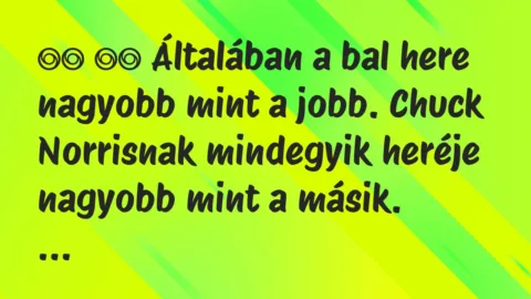 Viccek:
Általában a bal here nagyobb mint a jobb. Chuck… Viccek:
Általában a bal here nagyobb mint a jobb. Chuck…