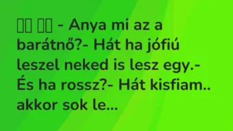 Viccek:
– Anya mi az a barátnő?- Hát ha jófiú leszel … Viccek:
– Anya mi az a barátnő?- Hát ha jófiú leszel …