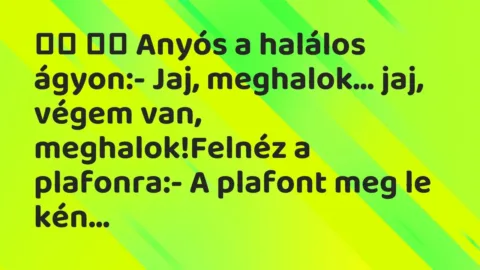 Viccek: 
		  
		  Anyós a halálos ágyon:- Jaj, meghalok… jaj,…