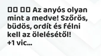 Viccek: 
		  
		  Az anyós olyan mint a medve! Szőrös, büdös, ordít…