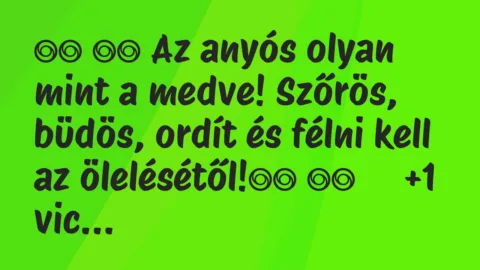 Viccek: 
		  
		  Az anyós olyan mint a medve! Szőrös, büdös, ordít…