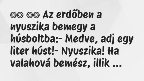 Viccek: 
		  
		  Az erdőben a nyuszika bemegy a húsboltba:-…