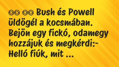 Viccek:
Bush és Powell üldögél a kocsmában. Bejön egy… Viccek:
Bush és Powell üldögél a kocsmában. Bejön egy…