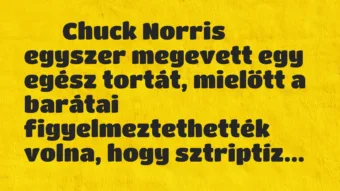 Viccek:
Chuck Norris egyszer megevett egy egész tortát,… Viccek:
Chuck Norris egyszer megevett egy egész tortát,…