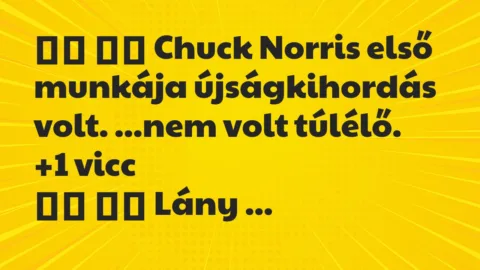 Viccek:
Chuck Norris első munkája újságkihordás volt…. Viccek:
Chuck Norris első munkája újságkihordás volt….