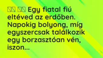 Viccek: 
		  
		  Egy fiatal fiú eltéved az erdőben. Napokig…