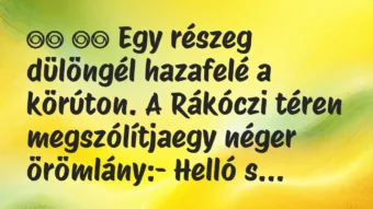 Viccek: 
		  
		  Egy részeg dülöngél hazafelé a körúton. A Rákóczi…