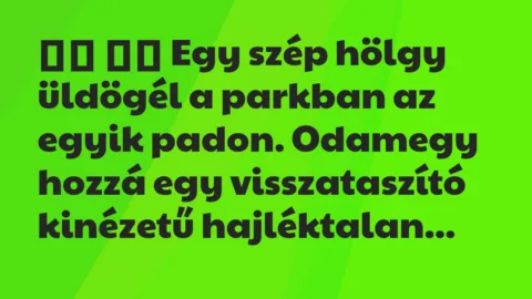 Viccek:
Egy szép hölgy üldögél a parkban az egyik padon. … Viccek:
Egy szép hölgy üldögél a parkban az egyik padon. …