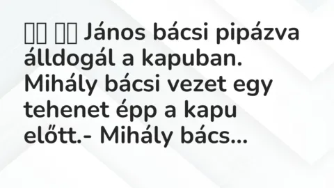 Viccek:
János bácsi pipázva álldogál a kapuban. Mihály… Viccek:
János bácsi pipázva álldogál a kapuban. Mihály…