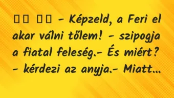 Viccek: 
		  
		  – Képzeld, a Feri el akar válni tőlem! – szipogja…