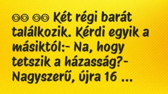 Viccek: 
		  
		  Két régi barát találkozik. Kérdi egyik a…
