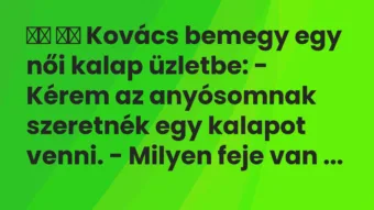 Viccek:
Kovács bemegy egy női kalap üzletbe: – Kérem az… Viccek:
Kovács bemegy egy női kalap üzletbe: – Kérem az…