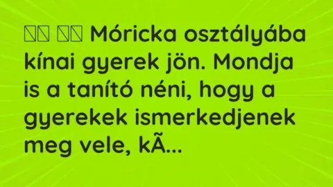 Viccek: 
		  
		  Móricka osztályába kínai gyerek jön. Mondja is a …