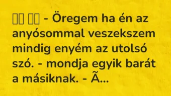 Viccek:
– Öregem ha én az anyósommal veszekszem mindig… Viccek:
– Öregem ha én az anyósommal veszekszem mindig…