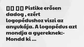 Viccek:
Pistike erősen dadog , ezért logopédushoz viszi a… Viccek:
Pistike erősen dadog , ezért logopédushoz viszi a…