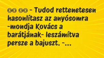 Viccek:
– Tudod rettenetesen hasonlítasz az anyósomra… Viccek:
– Tudod rettenetesen hasonlítasz az anyósomra…