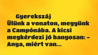 Vicces történet: 
	    	    Gyerekszáj


Ülünk a vonaton, megyünk a Campónába. A…