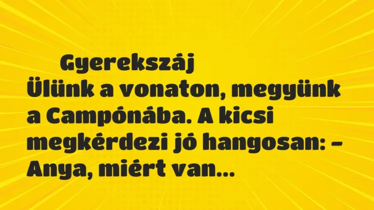 Vicces történet:
Gyerekszáj
Ülünk a vonaton, megyünk a Campónába. A… Vicces történet:
Gyerekszáj
Ülünk a vonaton, megyünk a Campónába. A…