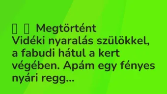 Vicces történet: 
	    	    Megtörtént


Vidéki nyaralás szülökkel, a fabudi hátul …