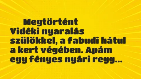 Vicces történet: 
	    	    Megtörtént


Vidéki nyaralás szülökkel, a fabudi hátul …