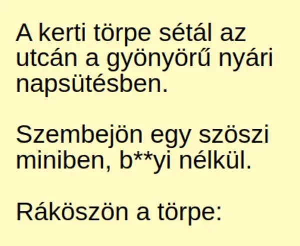 Vicc: A kerti törpe sétál az utcán a gyönyörű nyári Vicc: A kerti törpe sétál az utcán a gyönyörű nyári napsütésben -…