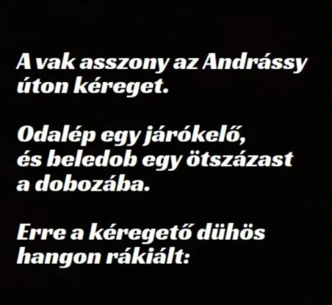 Vicc: A vak asszony az Andrássy úton kéreget. Odalép egy járókelő -…