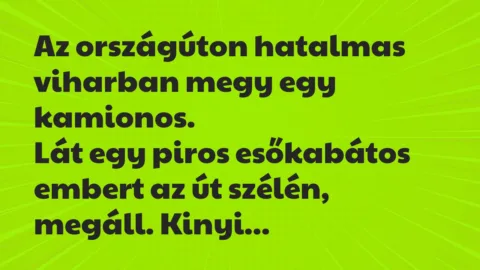 Az országúton hatalmas viharban megy egy kamionos.
Lát egy piros… – Vicc Az országúton hatalmas viharban megy egy kamionos.
Lát egy piros… – Vicc