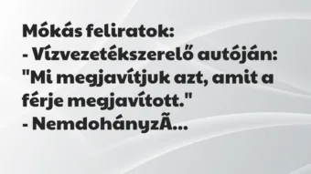 Mókás feliratok:

– Vízvezetékszerelő autóján: „Mi megjavítjuk azt… – Vicc