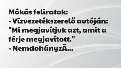 Mókás feliratok:

– Vízvezetékszerelő autóján: „Mi megjavítjuk azt… – Vicc