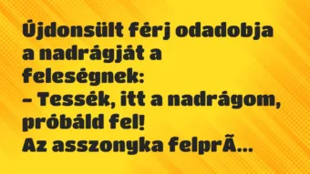 Újdonsült férj odadobja a nadrágját a feleségnek:

– Tessék, itt a… – Vicc