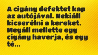 Vicc: A cigány defektet kap az autójával. Nekiáll kicserélni a kereket….