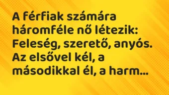 Vicc: A férfiak számára háromféle nő létezik:

Feleség, szerető,…