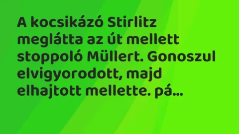 Vicc: A kocsikázó Stirlitz meglátta az út mellett stoppoló Müllert. Gonoszul…