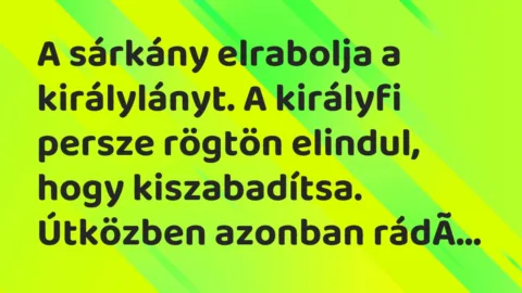 Vicc: A sárkány elrabolja a királylányt. A királyfi persze rögtön elindul,… Vicc: A sárkány elrabolja a királylányt. A királyfi persze rögtön elindul,…