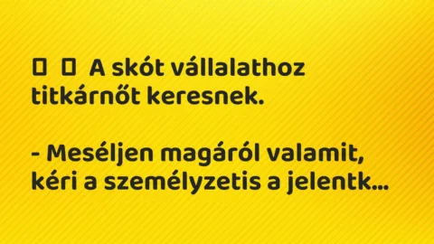 Vicc: 
	    	    A skót vállalathoz titkárnőt keresnek.


– Meséljen…