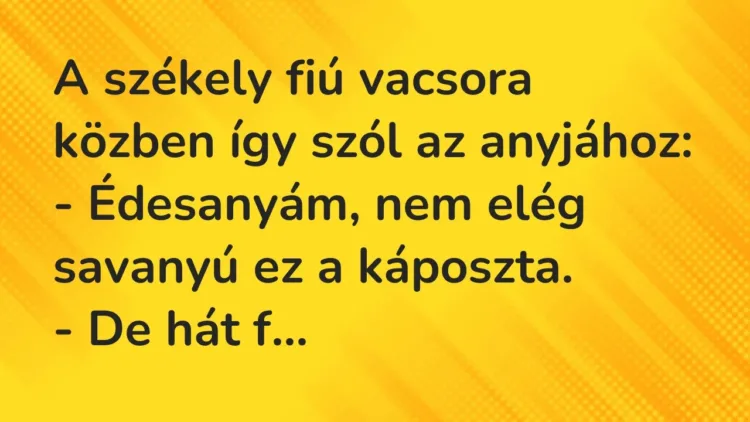 Vicc: A székely fiú vacsora közben így szól az anyjához:
– Édesanyám,… Vicc: A székely fiú vacsora közben így szól az anyjához:
– Édesanyám,…