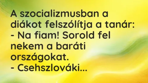 Vicc: A szocializmusban a diákot felszólítja a tanár:

– Na fiam! Sorold…