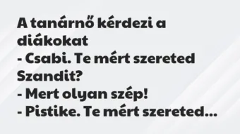 Vicc: A tanárnő kérdezi a diákokat

– Csabi. Te mért szereted…