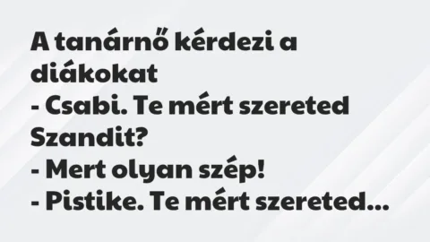 Vicc: A tanárnő kérdezi a diákokat
– Csabi. Te mért szereted… Vicc: A tanárnő kérdezi a diákokat
– Csabi. Te mért szereted…