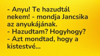 Vicc: – Anyu! Te hazudtál nekem! – mondja Jancsika az anyukájának.

-…